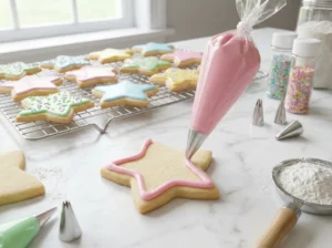A close-up of a clear piping bag dispensing smooth pink icing to outline a star-shaped cookie on a marble countertop, with a wire cooling rack filled with pastel-frosted star cookies in the background.