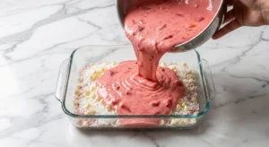 A hand pouring thick, vibrant pink strawberry cake batter from a metal mixing bowl into a clear glass baking dish, completely covering a bottom layer of shredded white coconut and white chocolate chips.