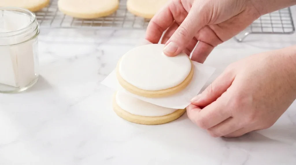 A close-up of a person's hands placing a small square of white parchment paper on top of a glossy frosted cookie before placing another frosted cookie on top to show a safe stacking method.