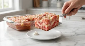 A close-up of a hand using a metal spatula to lift a warm, gooey slice of strawberry earthquake cake, revealing melted white cream cheese and pink strawberry layers, placing it onto a small white plate with a dollop of whipped cream.