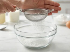 A close-up of hands holding a fine-mesh metal sieve, sifting white powdered sugar into a clear glass mixing bowl on a white marble countertop.
