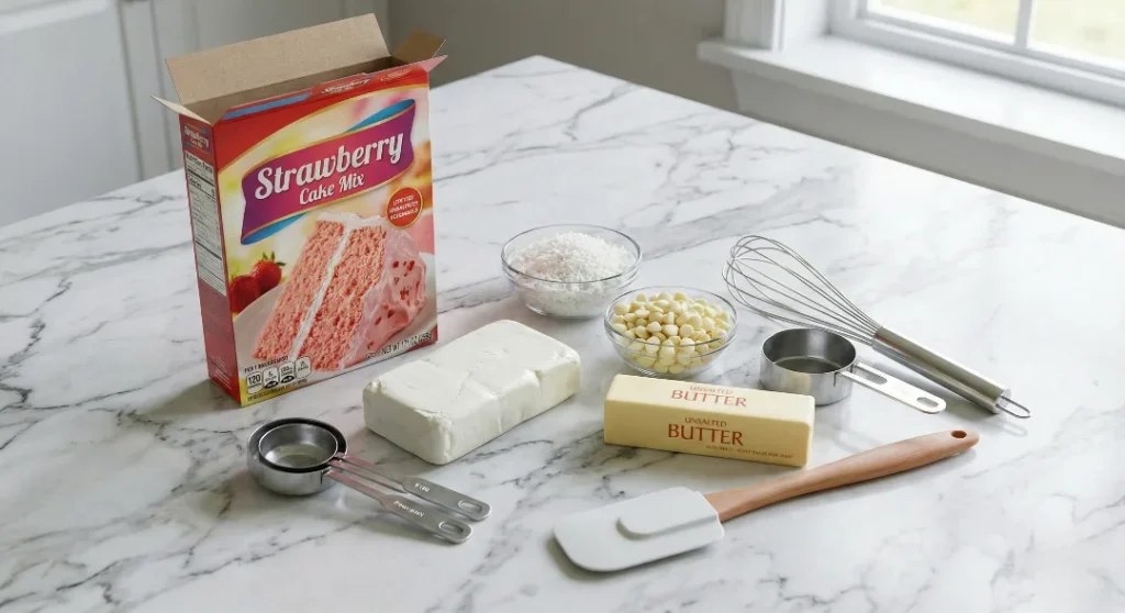 A white marble countertop displaying the ingredients for a strawberry earthquake cake, including a box of strawberry cake mix, a block of cream cheese, a stick of unsalted butter, a bowl of white chocolate chips, a bowl of shredded coconut, measuring cups, a whisk, and a spatula.