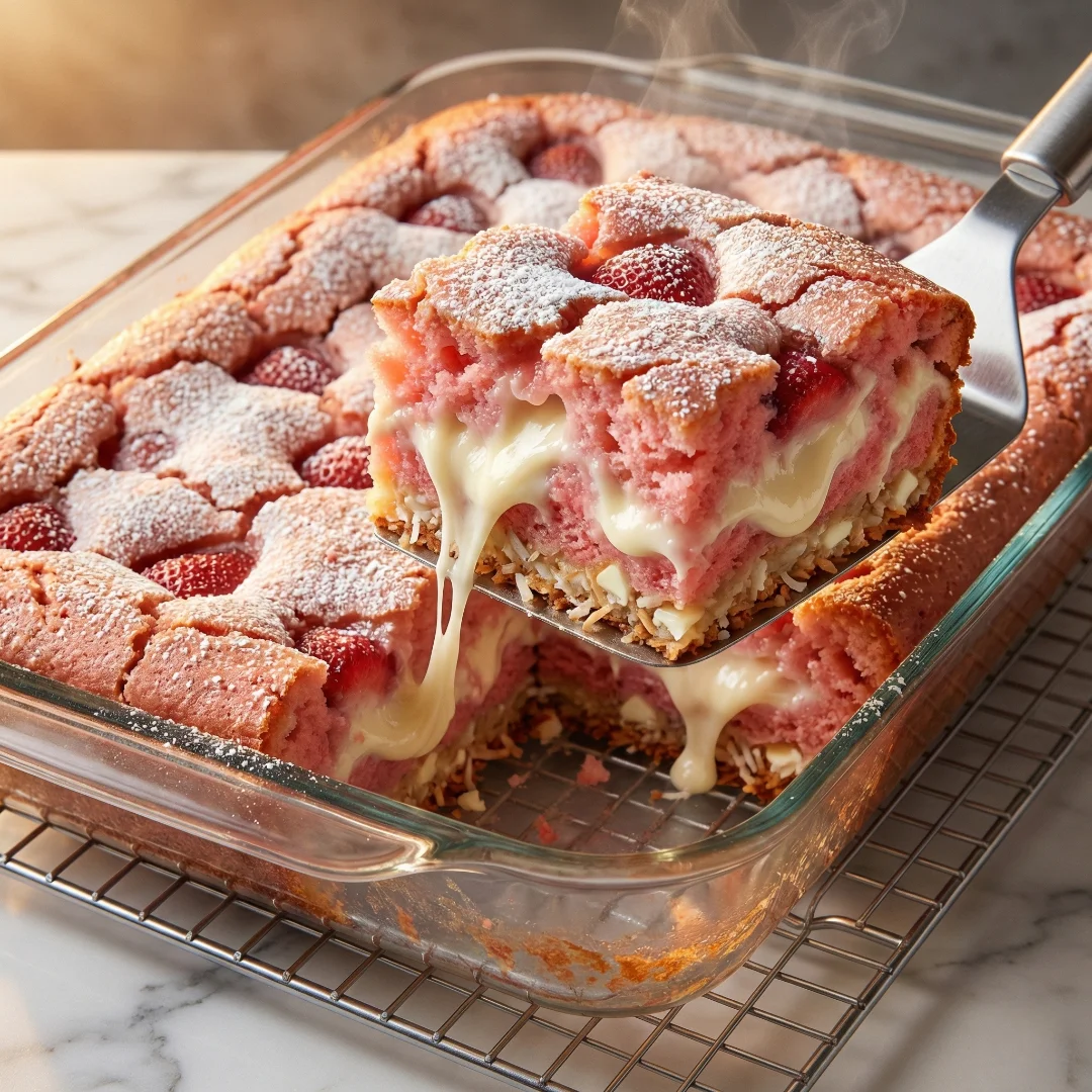 A close-up view of a warm, gooey slice of strawberry earthquake cake being lifted from a baking dish with a metal spatula, revealing melted cream cheese pockets within the pink cake, alongside a plated slice topped with whipped cream.