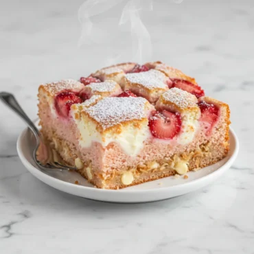 A metal spatula lifting a warm, fresh slice of strawberry earthquake cake out of a clear glass baking dish, revealing an incredibly gooey cream cheese center stretching downwards, with pink strawberry cake, white chocolate chips, and powdered sugar on top.