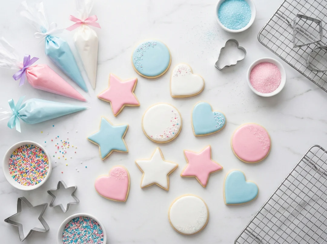 A flat-lay view of beautiful heart, star, and round sugar cookies decorated with smooth, glossy pastel pink, blue, and white icing. Surrounding the cookies are piping bags, cookie cutters, and bowls of colorful sprinkles on a white marble surface.