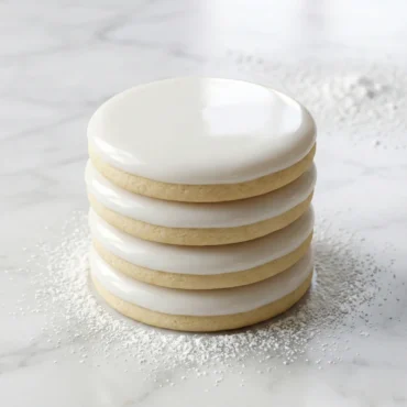 A beautiful top-down arrangement of star, heart, and round sugar cookies decorated with smooth pastel pink, blue, and white frosting and colorful sprinkles, surrounded by piping bags and cookie cutters on a marble surface.