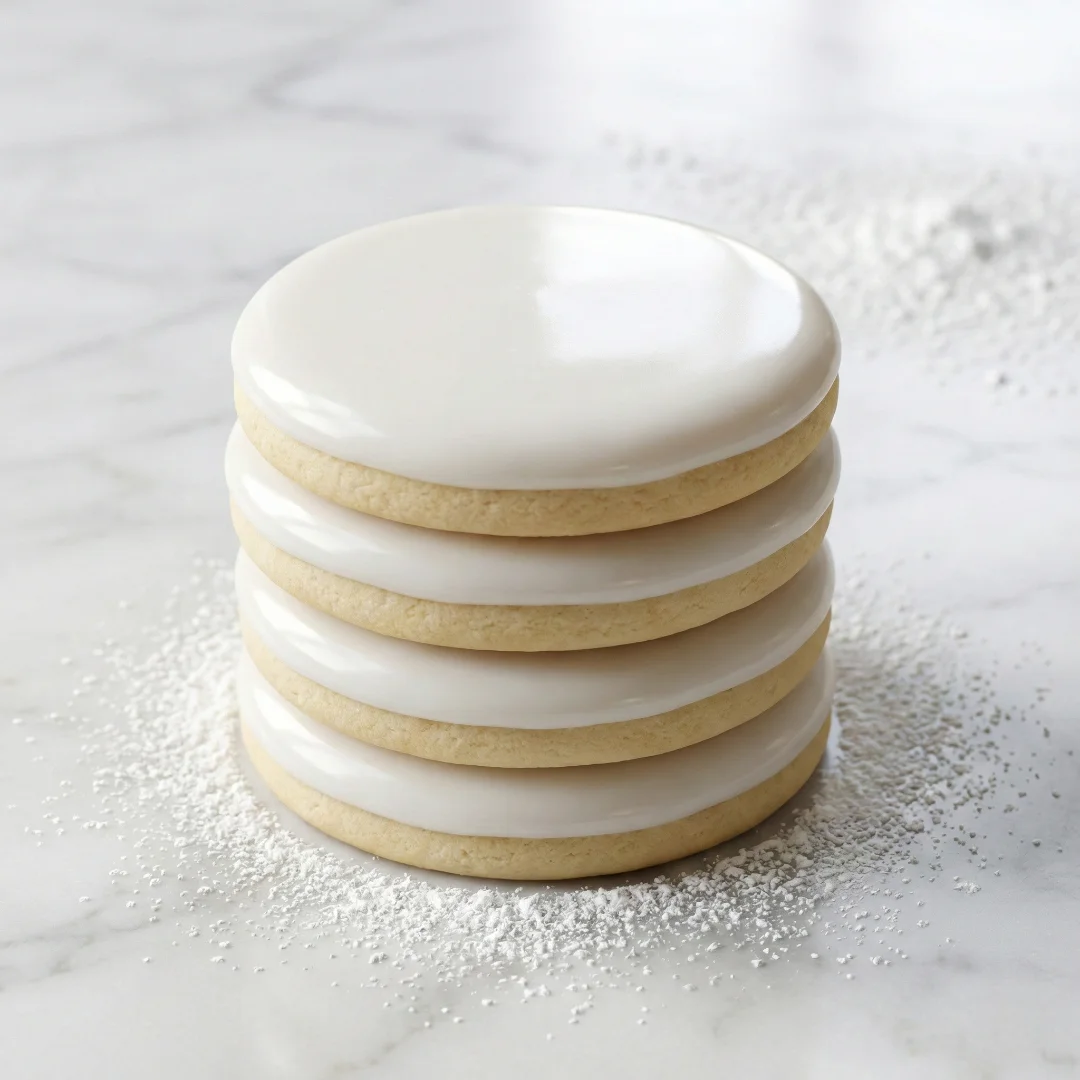 A beautiful top-down arrangement of star, heart, and round sugar cookies decorated with smooth pastel pink, blue, and white frosting and colorful sprinkles, surrounded by piping bags and cookie cutters on a marble surface.