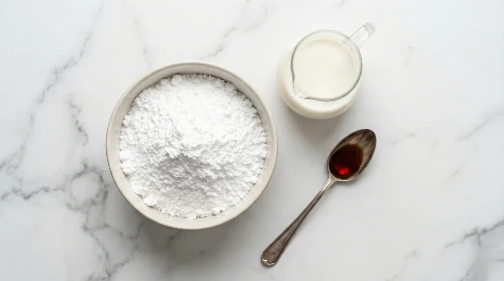 A top-down view of a white marble countertop featuring a bowl of white powdered sugar, a small glass pitcher of milk, and a silver spoon filled with dark vanilla extract.