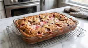 A freshly baked, hot strawberry earthquake cake in a clear glass baking dish resting on a wire cooling rack. The cake has golden brown edges, deep gooey craters revealing pink and white layers, and steam rising from the top.
