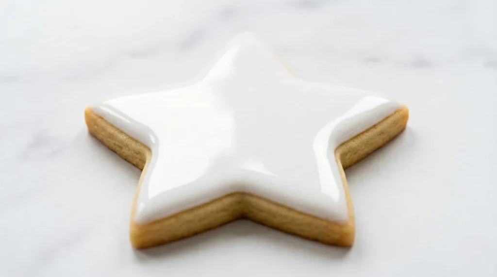 A tall, neat stack of four round sugar cookies, each perfectly covered in a thick, smooth, and ultra-glossy white frosting that has hardened into a clean finish.