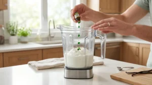 A person squeezing drops of green food coloring from a small bottle into a glass blender filled with a white ice cream mixture on a kitchen counter.