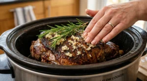 A hand rubbing minced garlic over a seared leg of lamb in a slow cooker, with fresh rosemary sprigs being placed on top.