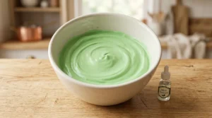 A white bowl filled with a smooth, bright green cream cheese mixture next to a small bottle of mint extract on a wooden counter.