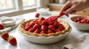 A hand using a red spatula to evenly spread bright, red glazed strawberries into a baked pie crust on a white marble counter.