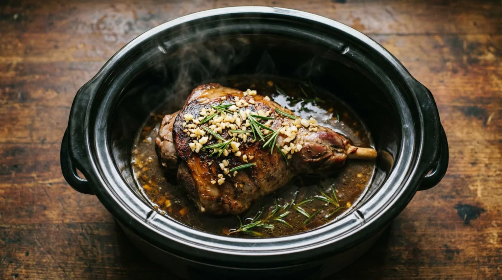 A close-up of a seared leg of lamb sitting in broth inside a black slow cooker, covered with chopped garlic and rosemary sprigs.