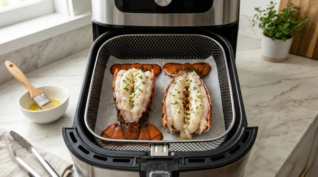 Two raw, butterflied lobster tails coated in garlic butter sauce resting on white parchment paper inside a modern air fryer basket, with a pastry brush and melted butter nearby.