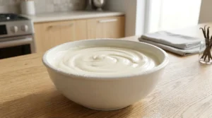 A large white bowl filled with silky smooth white cream cheese mixture on a wooden kitchen counter.