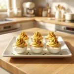 Six creamy deviled eggs garnished with paprika and chives on a white square plate in a sunny kitchen.