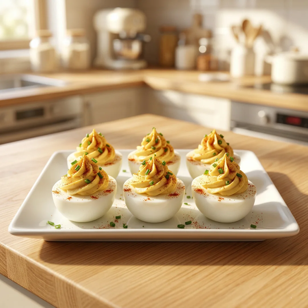 Six creamy deviled eggs garnished with paprika and chives on a white square plate in a sunny kitchen.