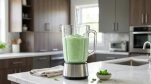 A glass blender filled with a thick, pale green shamrock shake, with a clear glass straw standing straight up in the center.