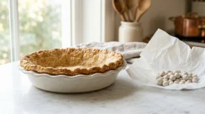 A beautifully baked, golden brown pie crust in a white dish, sitting next to parchment paper and ceramic pie weights.