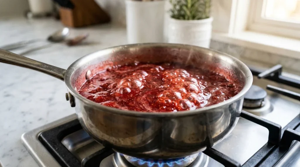 A close-up of a thick, bright red strawberry pie glaze bubbling at a full rolling boil in a silver saucepan on a gas stovetop.