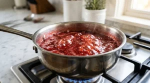 A close-up of a thick, bright red strawberry pie glaze bubbling at a full rolling boil in a silver saucepan on a gas stovetop.