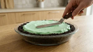 A hand using a metal offset spatula to smooth the light green mint filling into a dark Oreo crust in a glass pie dish.