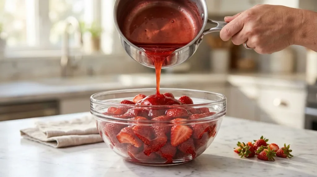 A person pouring warm, thick red strawberry glaze from a silver saucepan into a glass bowl full of fresh cut strawberries on a white counter.