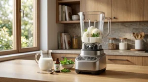 A glass blender filled with vanilla ice cream and milk, sitting next to a bottle of pure mint extract on a wooden kitchen counter.