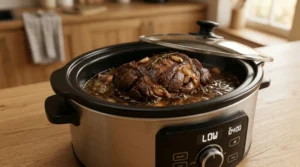 A silver slow cooker with its digital display set to LOW, showing a tender leg of lamb roasting inside.
