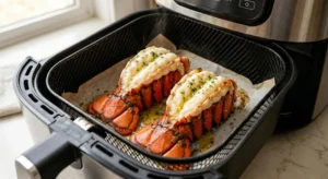 Two cooked lobster tails with opaque white meat and bright red shells resting inside a modern air fryer basket.