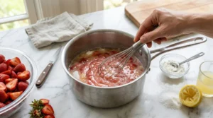 A hand whisking a pink strawberry mixture in a silver saucepan, with fresh strawberries, lemon, sugar, and cornstarch nearby on a marble counter.