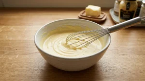 A metal whisk mixing a smooth, light yellow egg yolk filling in a rustic white bowl, with butter and Dijon mustard in the background.