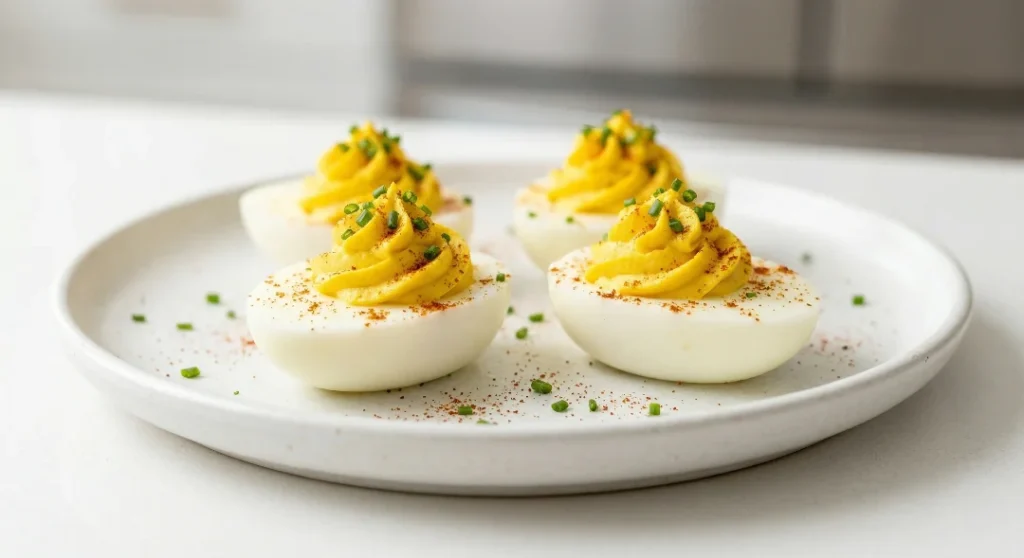 Four perfectly piped deviled eggs on a white plate, showing a creamy texture with paprika and chives.