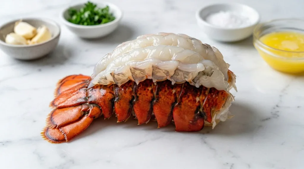 A close-up view of a raw lobster tail on a white marble surface, with the translucent meat lifted out and resting perfectly on top of the closed shell, surrounded by small bowls of garlic cloves, melted butter, salt, and parsley.