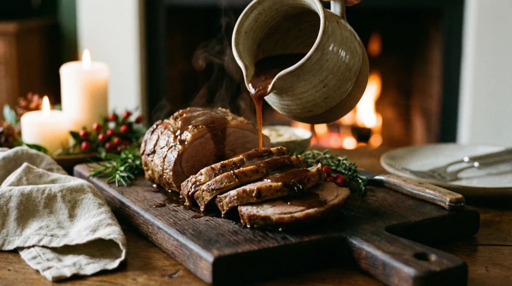 Thick, dark brown gravy being poured from a pitcher onto tender slices of lamb on a wooden board.