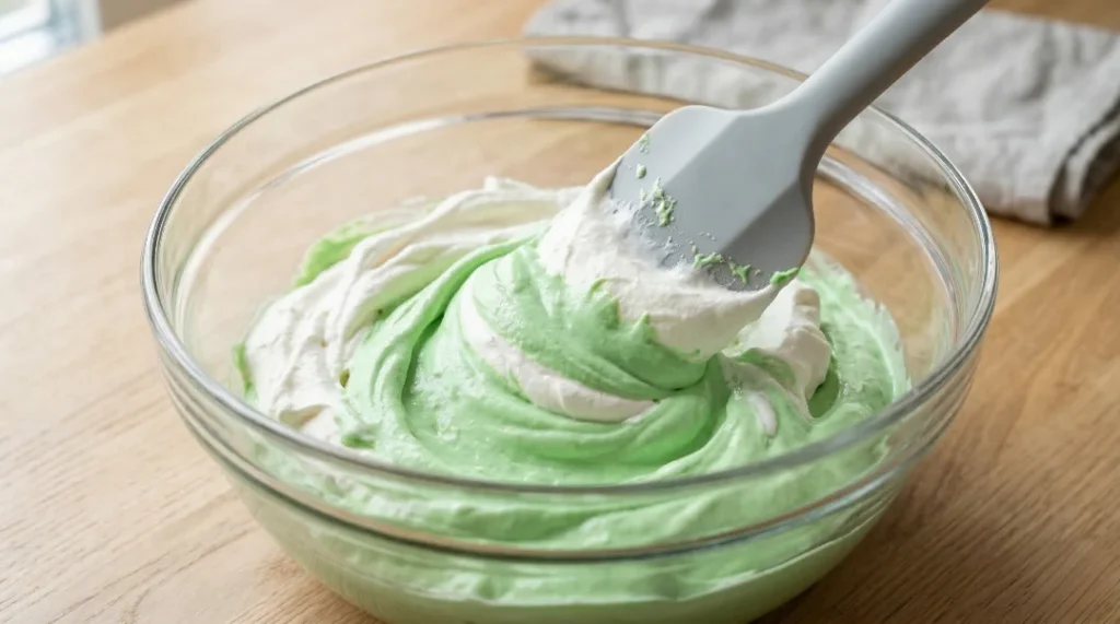 A rubber spatula folding white whipped cream into a pale green mint mixture in a glass bowl on a wooden counter.