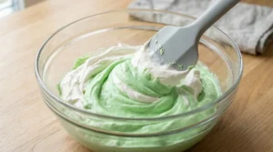 A rubber spatula folding white whipped cream into a pale green mint mixture in a glass bowl on a wooden counter.