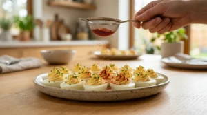 A hand using a small wire strainer to lightly dust red smoked paprika over piped yellow deviled eggs on a plate.