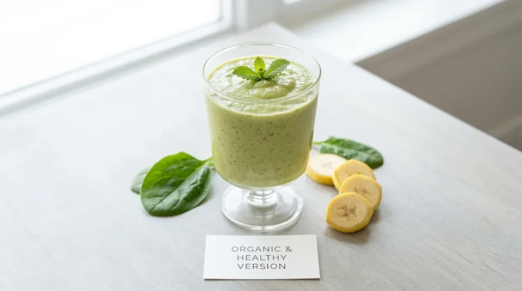A glass of light green healthy smoothie with fresh spinach leaves and banana slices on a white table, labeled as an organic version.