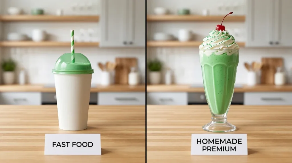 A side-by-side comparison of a plain fast-food paper cup labeled "Fast Food" and a tall, premium glass of green milkshake labeled "Homemade Premium."