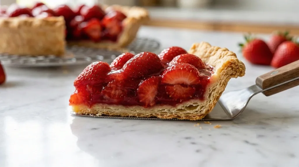 A side-view close-up of a strawberry pie slice showing a crisp, flaky bottom crust with distinct layers and no juice leakage.