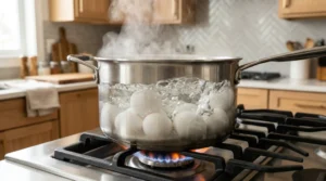 White eggs boiling in a stainless steel pot of hot water on a gas stove with steam rising.