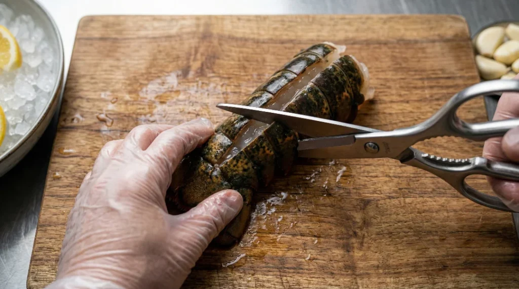 A top-down view of gloved hands using silver kitchen shears to cut straight down the middle of a raw lobster tail shell on a rustic wooden cutting board, with lemon wedges and garlic nearby.