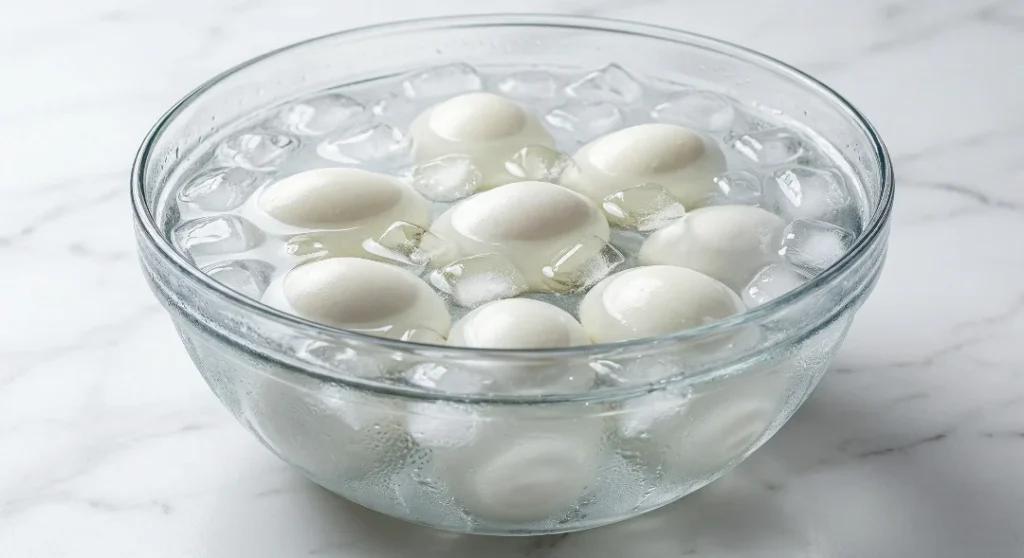 A clear glass bowl filled with ice-cold water, ice cubes, and boiled white eggs sitting on a premium white marble surface.