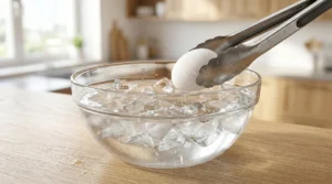 Metal tongs dropping a hot boiled white egg into a clear glass bowl filled with ice water on a wooden counter.