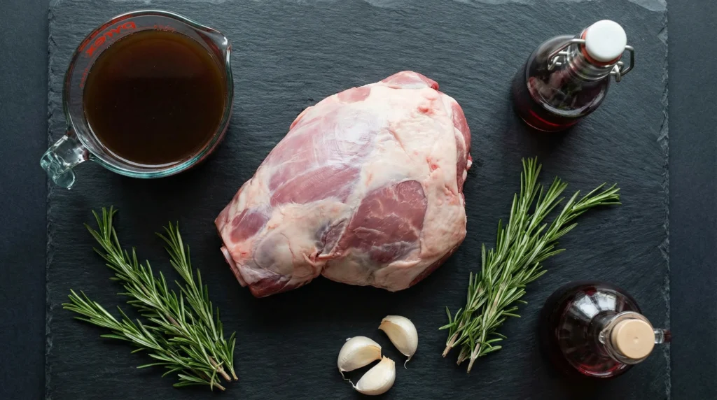A top-down flat lay of raw leg of lamb, fresh rosemary sprigs, garlic cloves, beef broth, and vinegar on a dark slate board.