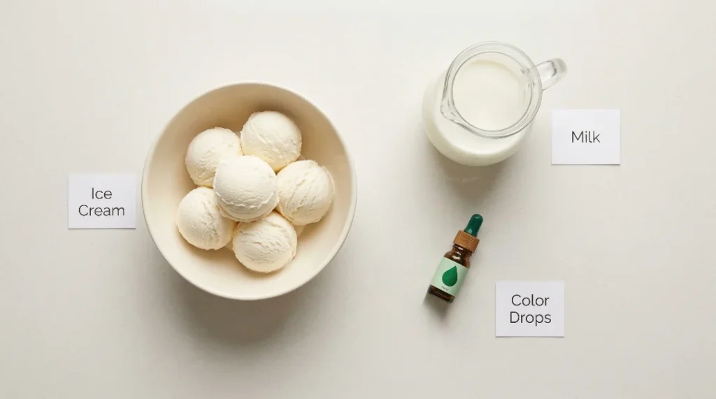 A top-down flat-lay view of vanilla ice cream scoops, a small jug of milk, and green food coloring drops on a white background.