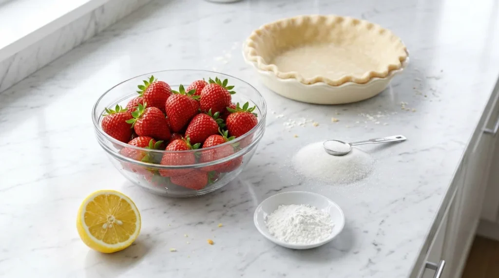 A white marble counter with a bowl of fresh strawberries, a lemon, small piles of sugar and cornstarch, and an unbaked pie crust in the background.